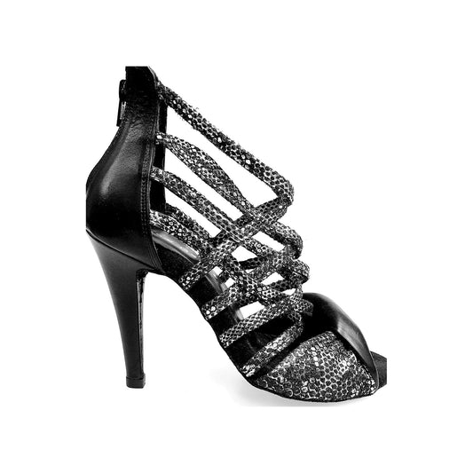 Sandalo donna Wishdance Natalia (360) in pitone argento con tacco alto a spillo e dettagli in pelle nera.