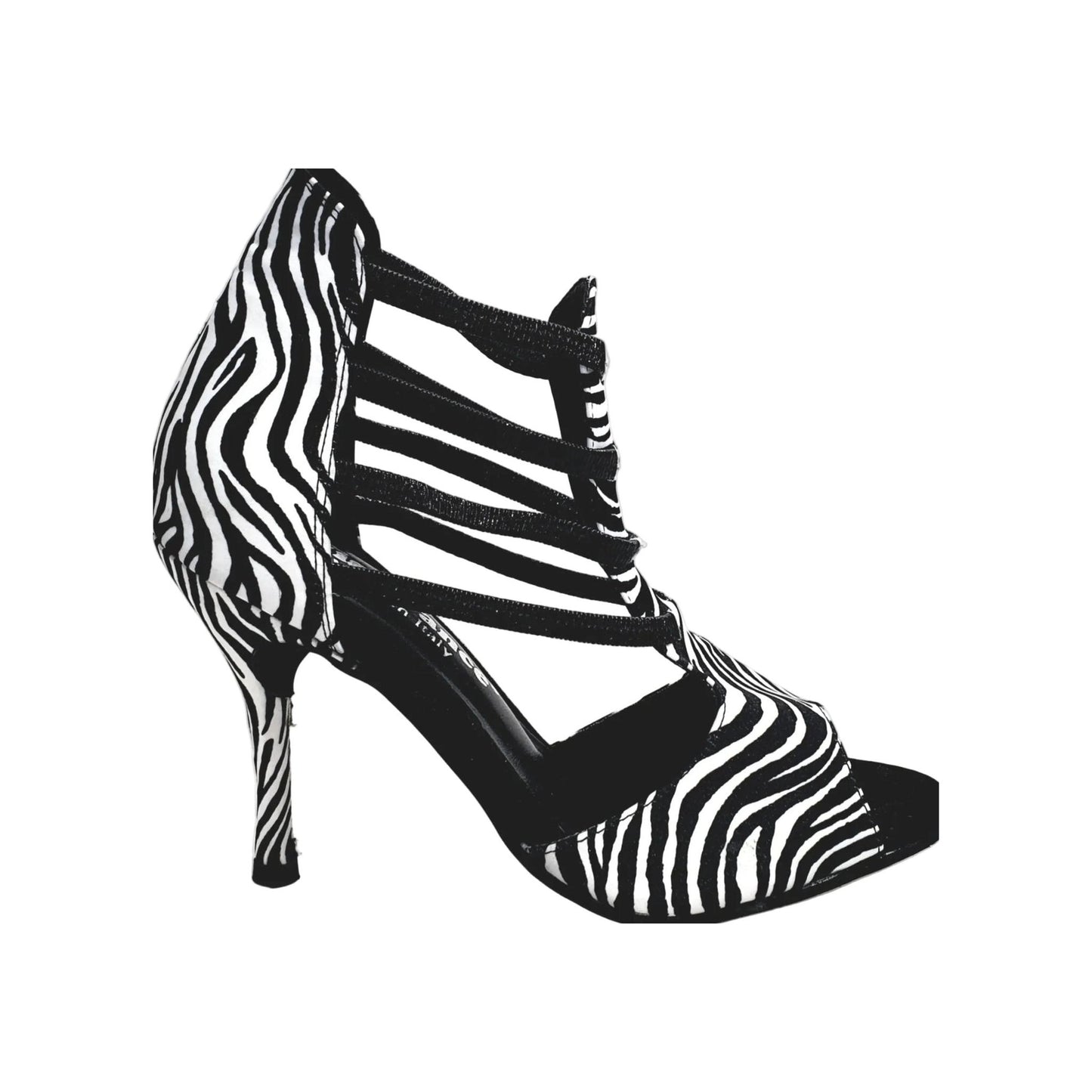 Scarpa donna Wish Dance Shop Zebra (460PW) sandalo in raso seta con elastici neri e tacco a spillo rivestito.