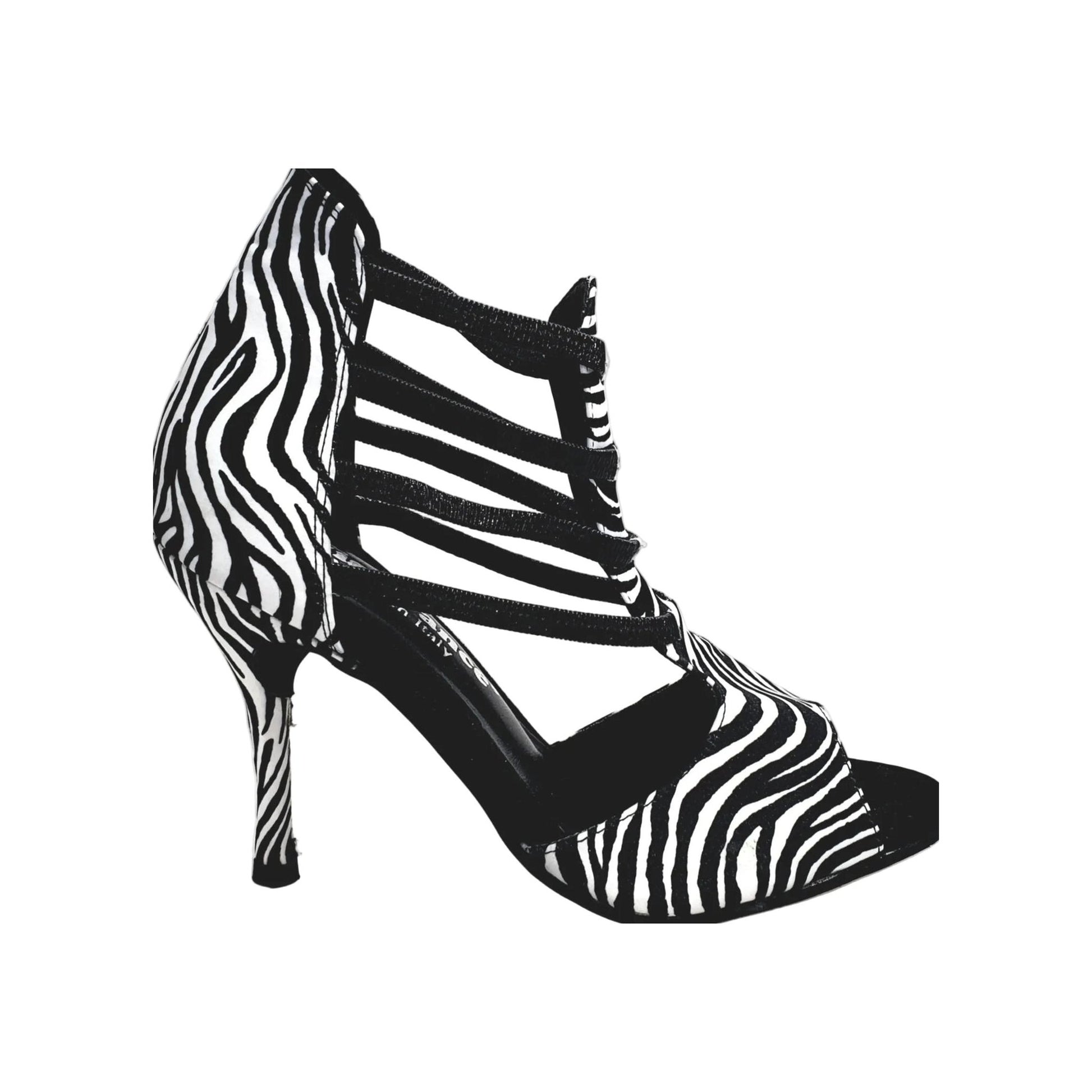 Scarpa donna Wish Dance Shop Zebra (460PW) sandalo in raso seta con elastici neri e tacco a spillo rivestito.