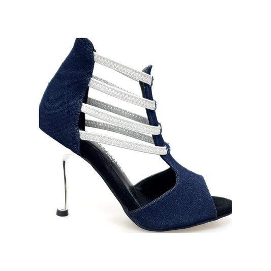 Sandalo donna West Blu in tessuto jeans blu, elastici argento e tacco a spillo laminato argento, scarpa Wish Dance Shop.