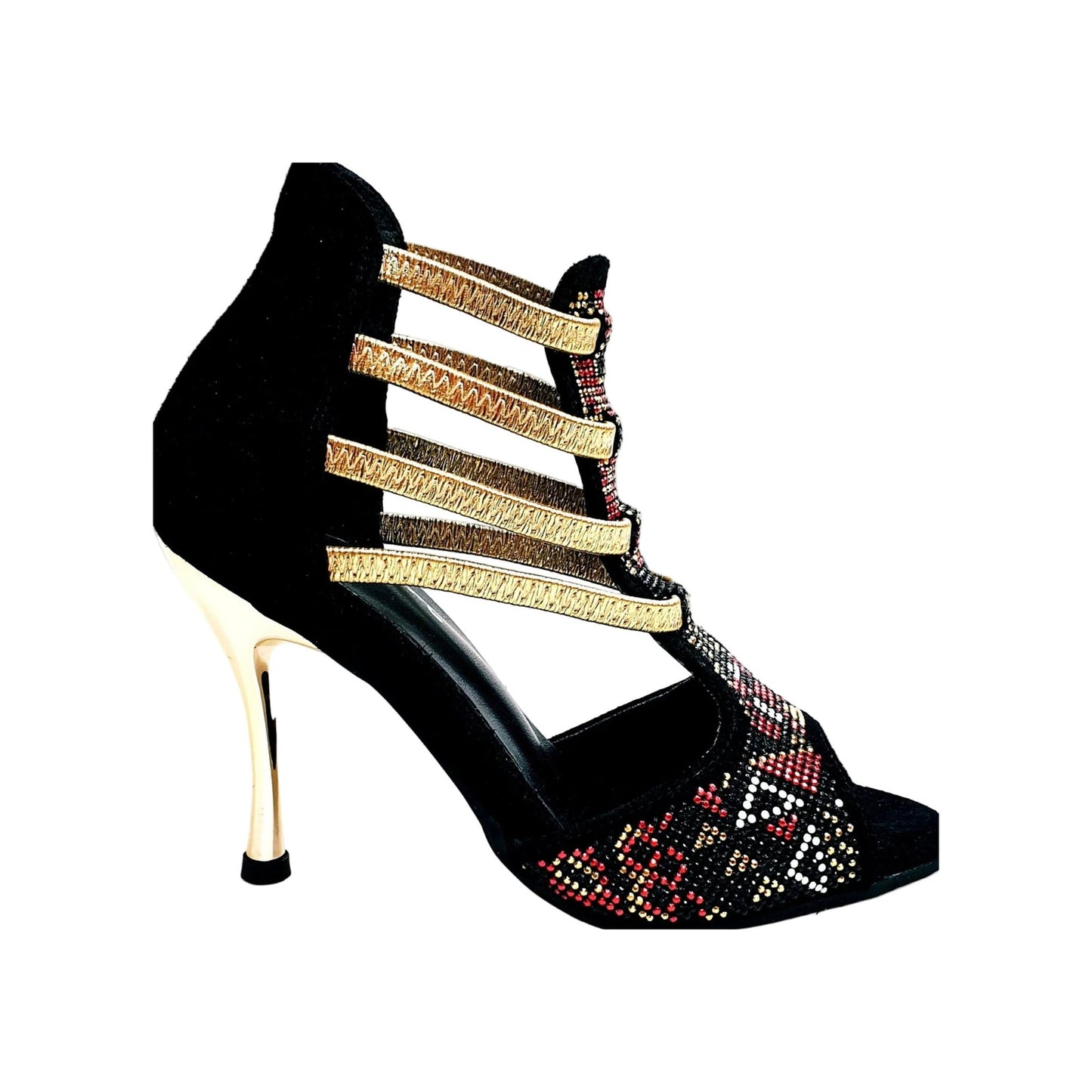 Sandalo da Donna in Camoscio Nero Con Livrea Samakaka Oro tacco a spillo laminato Oro Elastici Oro Sara Gold, vista laterale