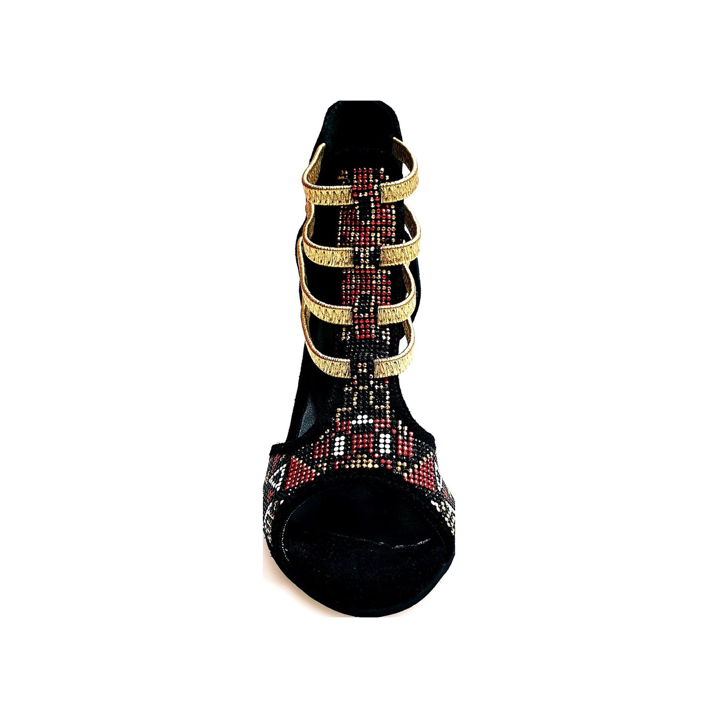 Sandalo donna Sara Gold Plus in camoscio nero con dettagli oro, tacco a stiletto laminato e elastici dorati.