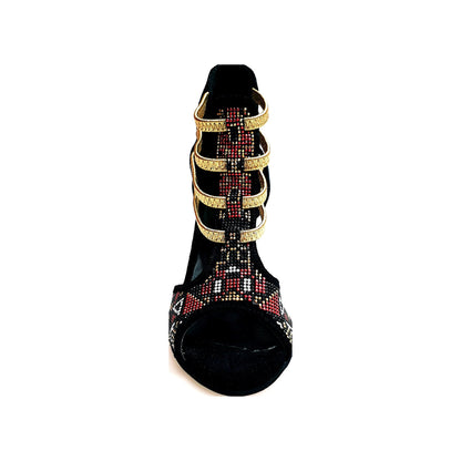 Sandalo donna Sara Gold Plus in camoscio nero con dettagli oro, tacco a stiletto laminato e elastici dorati.