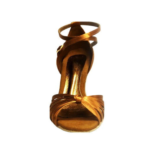Scarpa da ballo Wishdance Pepa in raso bronzo con fascette in camoscio e tacco rocchetto, modello basico da donna.