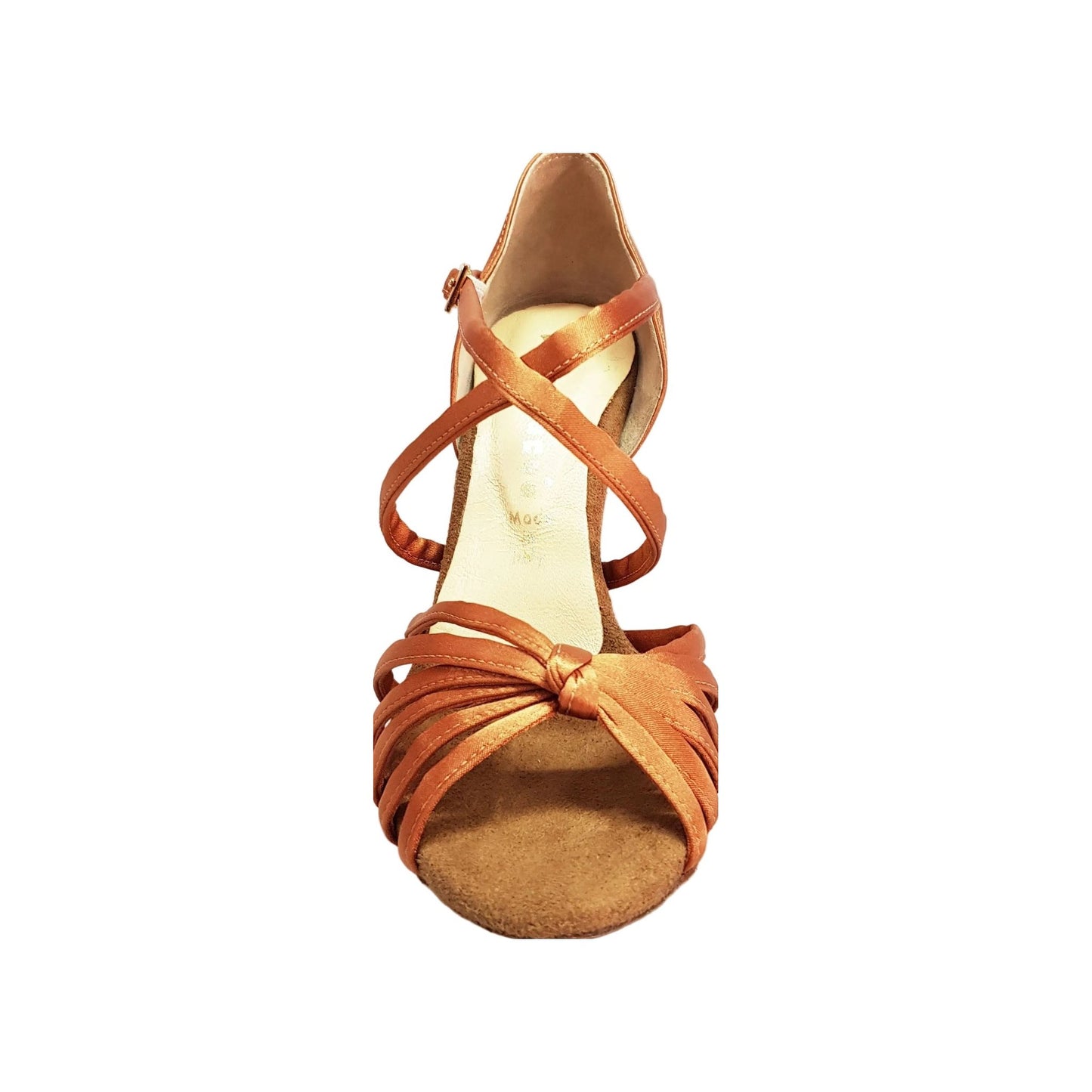Scarpa da ballo Wishdance Patty QC in raso bronzo con 6 fascette e cinturino incrociato, tacco rocchetto, suola liscia.