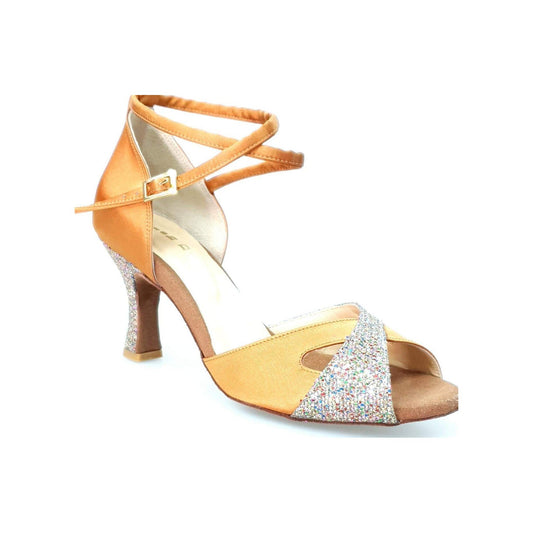 Scarpa da ballo Wishdance Ely QB in raso bronzo e muticolor con cinturino doppio e tacco rocchetto, donna.