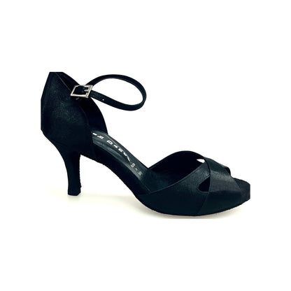 Scarpa da ballo Wishdance Ely QA 32QA B in raso nero con cinturino singolo e tacco stiletto, elegante e confortevole.
