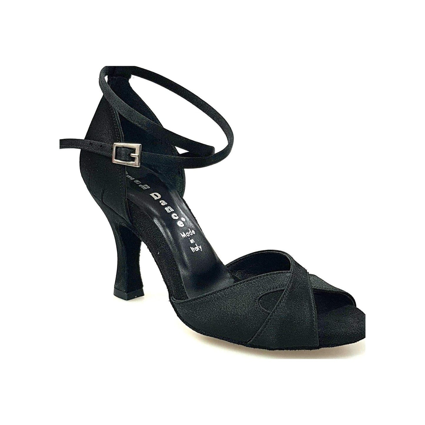 Scarpa donna Wishdance Ely QB in raso nero con cinturino doppio sulla caviglia e tacco rocchetto, stile elegante e semplice