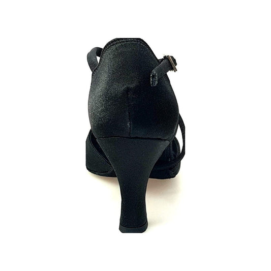Scarpa da donna Ely QC Wish Dance Shop in raso nero con cuscino memorex, cinturino incrociato e tacco rocchetto.