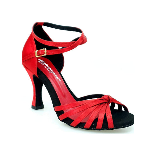 Scarpa da ballo Wishdance Pepa in raso rosso con fascette in camoscio e tacco a rocchetto, modello basico donna.