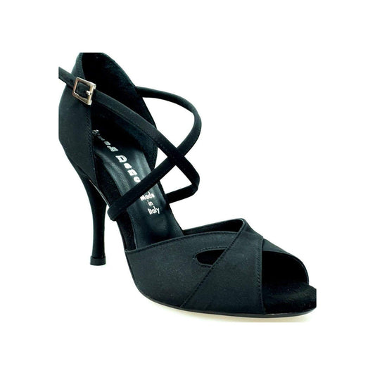 Scarpa da donna Wishdance Ely QC in raso nero con cinturino incrociato, tacco a spillo e fondo in cuoio.