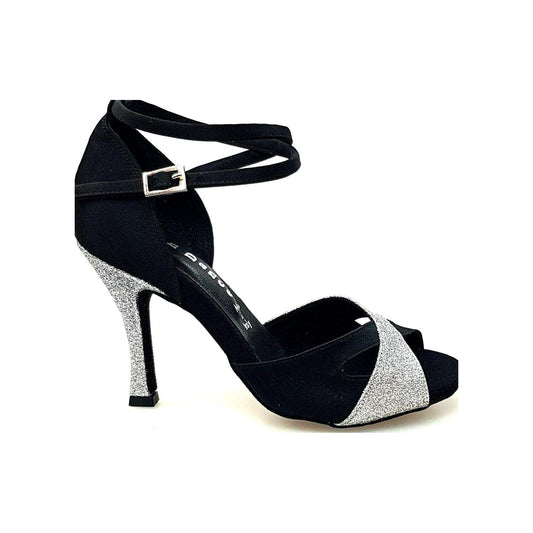 Scarpa donna Wishdance Ely QB in raso nero e glitter argento con cinturino doppio alla caviglia e tacco rocchetto.
