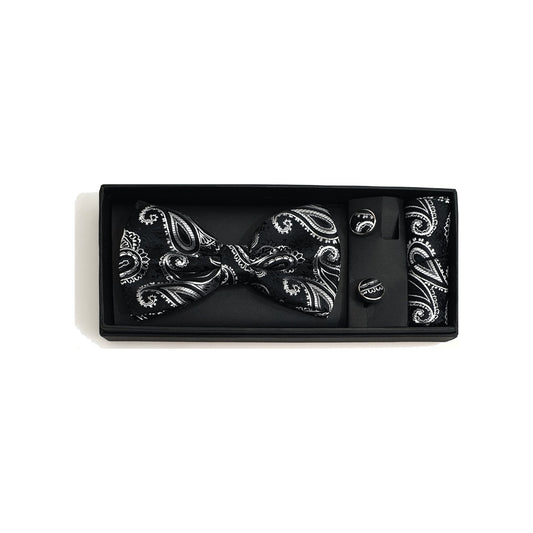 Set papillon in raso seta nero fantasia cashmere argento con pochette e gemelli modello Vogue, elegante accessorio da uomo.