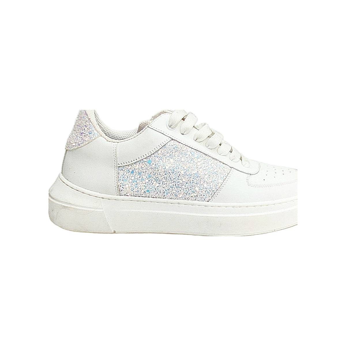 Sneaker in Pelle Bianca Fori Traspiranti inserti Kristall Celeste Perla Boreale Foderata in tessuto, vista laterale