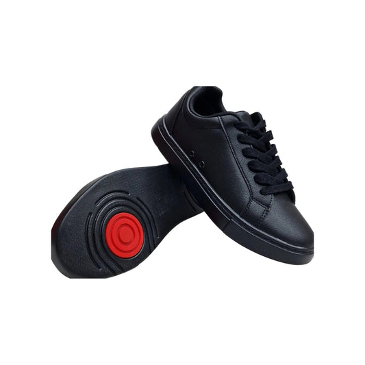 Sneaker ecopelle nera Suprema Black Red Vortex (FCE) con suola in gomma e caucciù, dettagli cerchi in resina tecnica rossa.