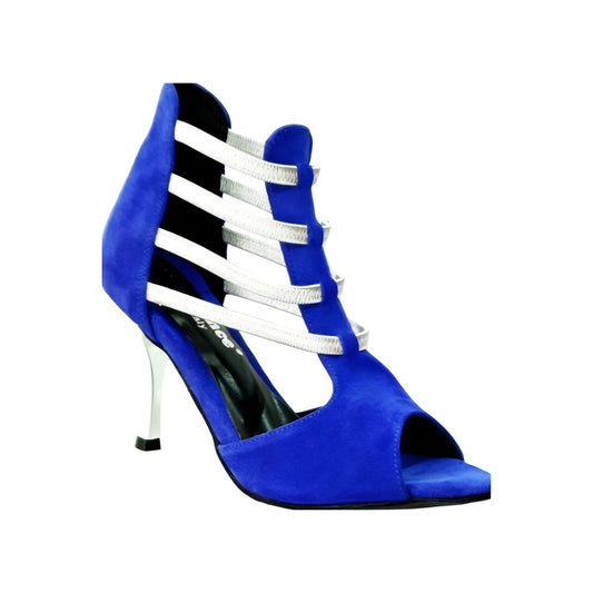 Sandalo Tatyana Wish Dance Shop in camoscio blu royal con elastici argentati e tacco a stiletto laminato argento
