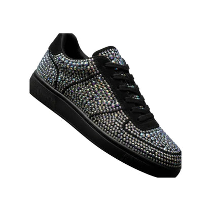 Sneaker in Camoscio Vegan Colore Nero e Swarovski Boreali Suola Nera Gommina e Resina Tecnica Cerchi Neri, vista laterale