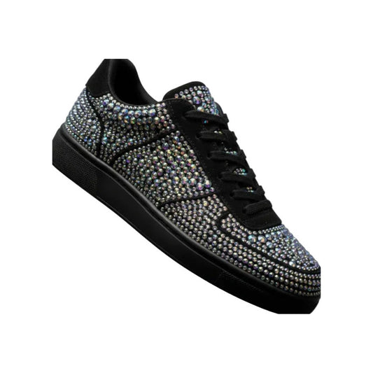 Sneaker in Camoscio Vegan Colore Nero e Swarovski Boreali Suola Nera Gommina e Resina Tecnica Cerchi Neri, vista laterale