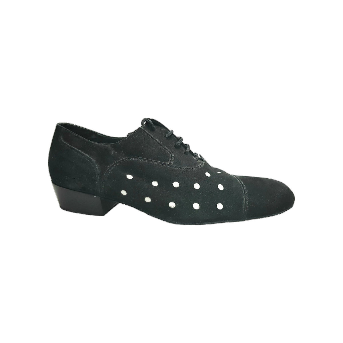Scarpa uomo Vasco Movida by WISH DANCE in camoscio nero con pois bianchi, elegante e stilosa in primo piano.