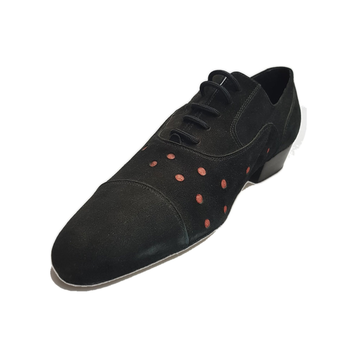 Scarpa da uomo Vasco Movida by WISH DANCE in camoscio nero con dettagli a pois rossi, elegante e alla moda.