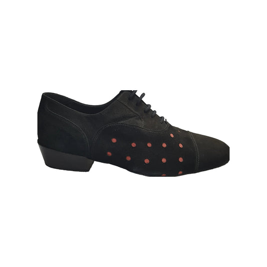 Scarpa da uomo Vasco Movida by WISH DANCE in camoscio nero con pois rossi, elegante e comoda, vista frontale.