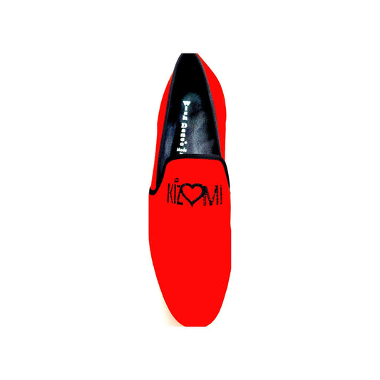 Mocassino Venturi MS21 in camoscio rosso e nero con ricami, forma lunga, stile elegante e sofisticato di Wish Dance Shop
