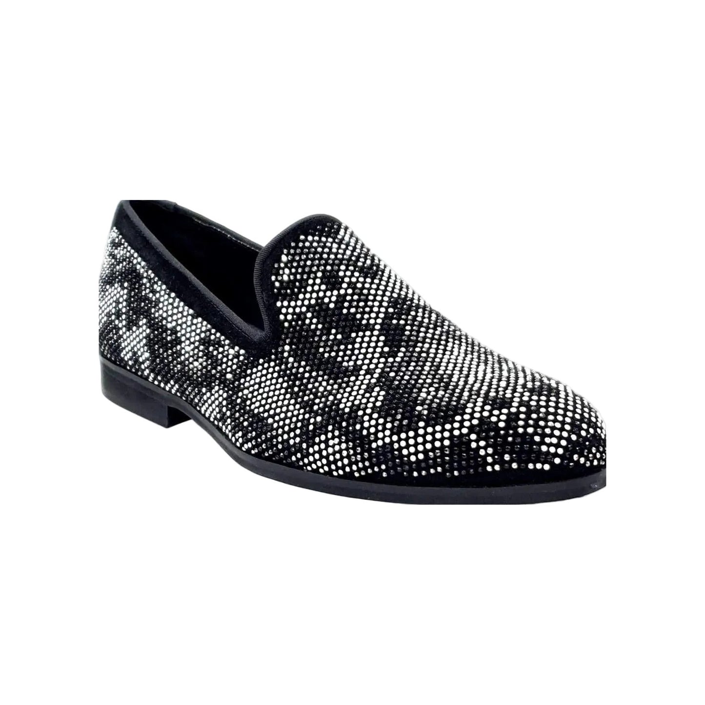 Mocassino uomo Wishdance Viper Black in camoscio nero con dettagli Swarovski, suola micro-light bianca e nera.