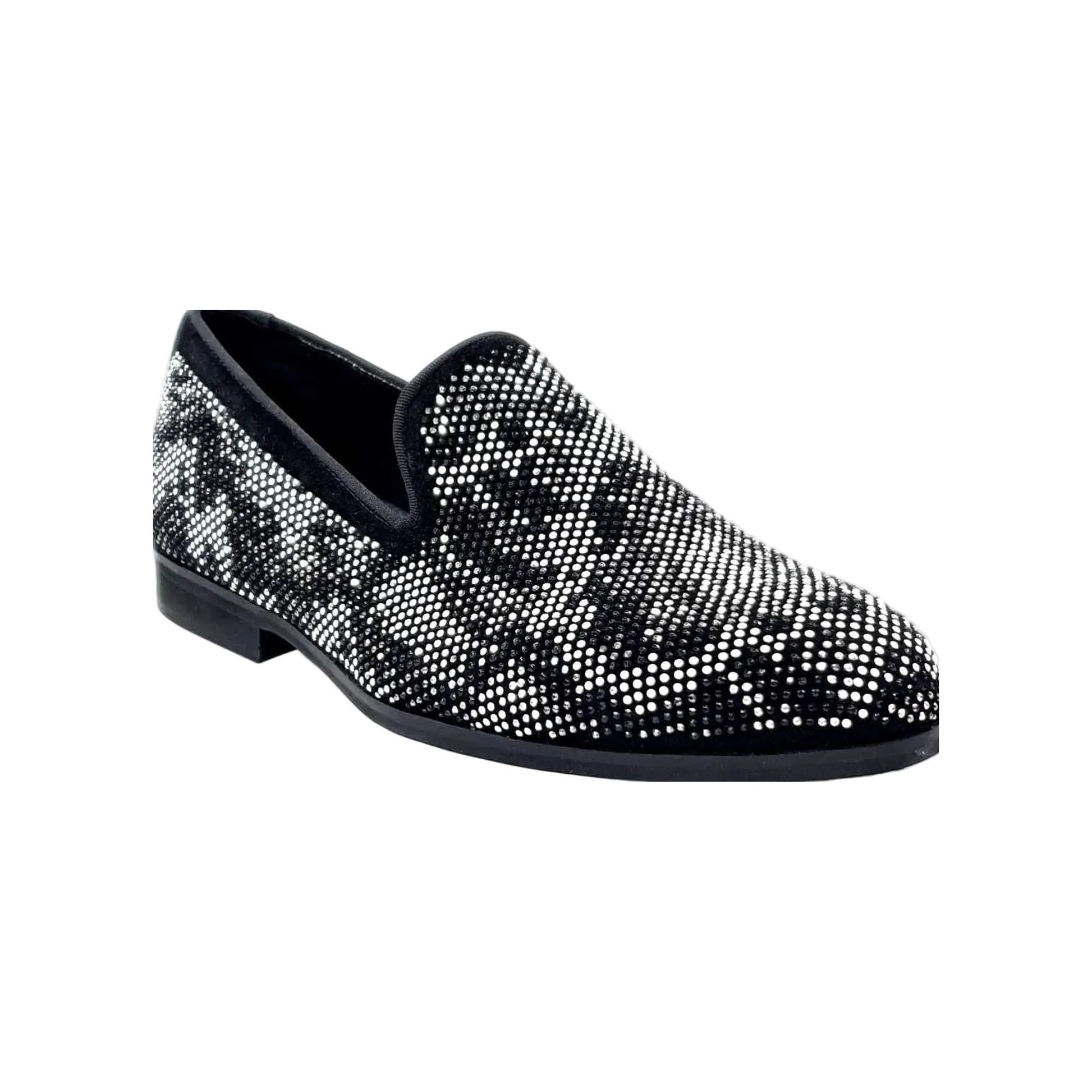 Mocassino uomo Wishdance Viper Black in camoscio nero con dettagli Swarovski, suola micro-light bianca e nera.
