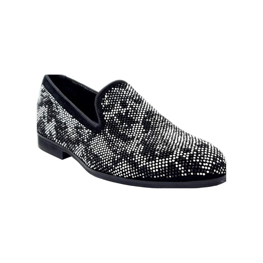 Mocassino uomo Wishdance Viper Black in camoscio nero con dettagli Swarovski, suola micro-light bianca e nera.