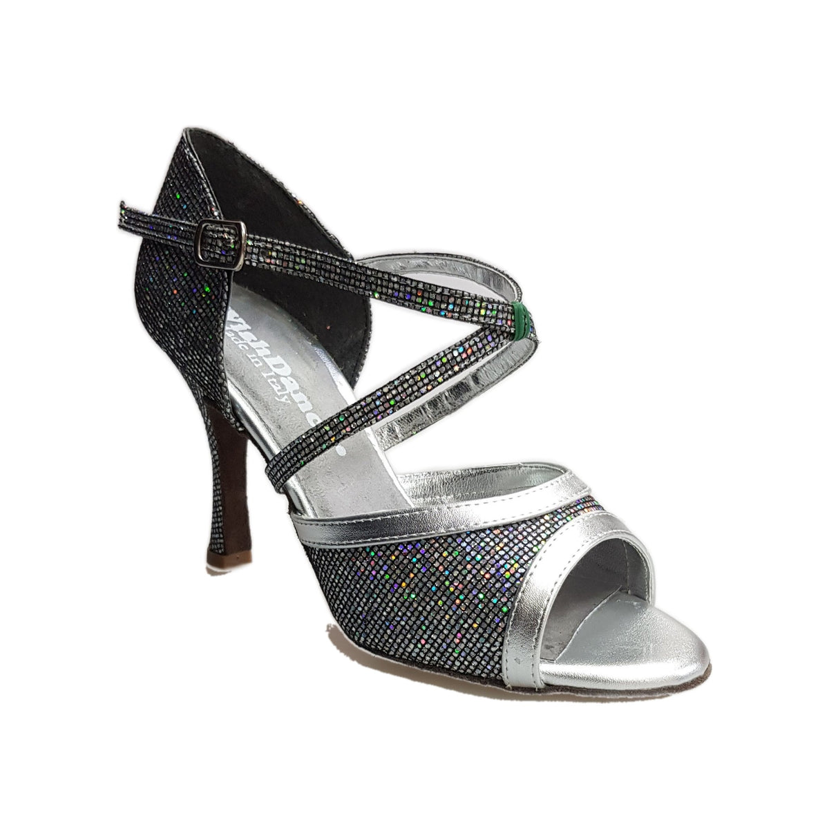 Sandalo donna Wendi/BO-N Wish Dance Shop in pelle argento e dettagli boreale, aperto con cinturino e suola in gomma.