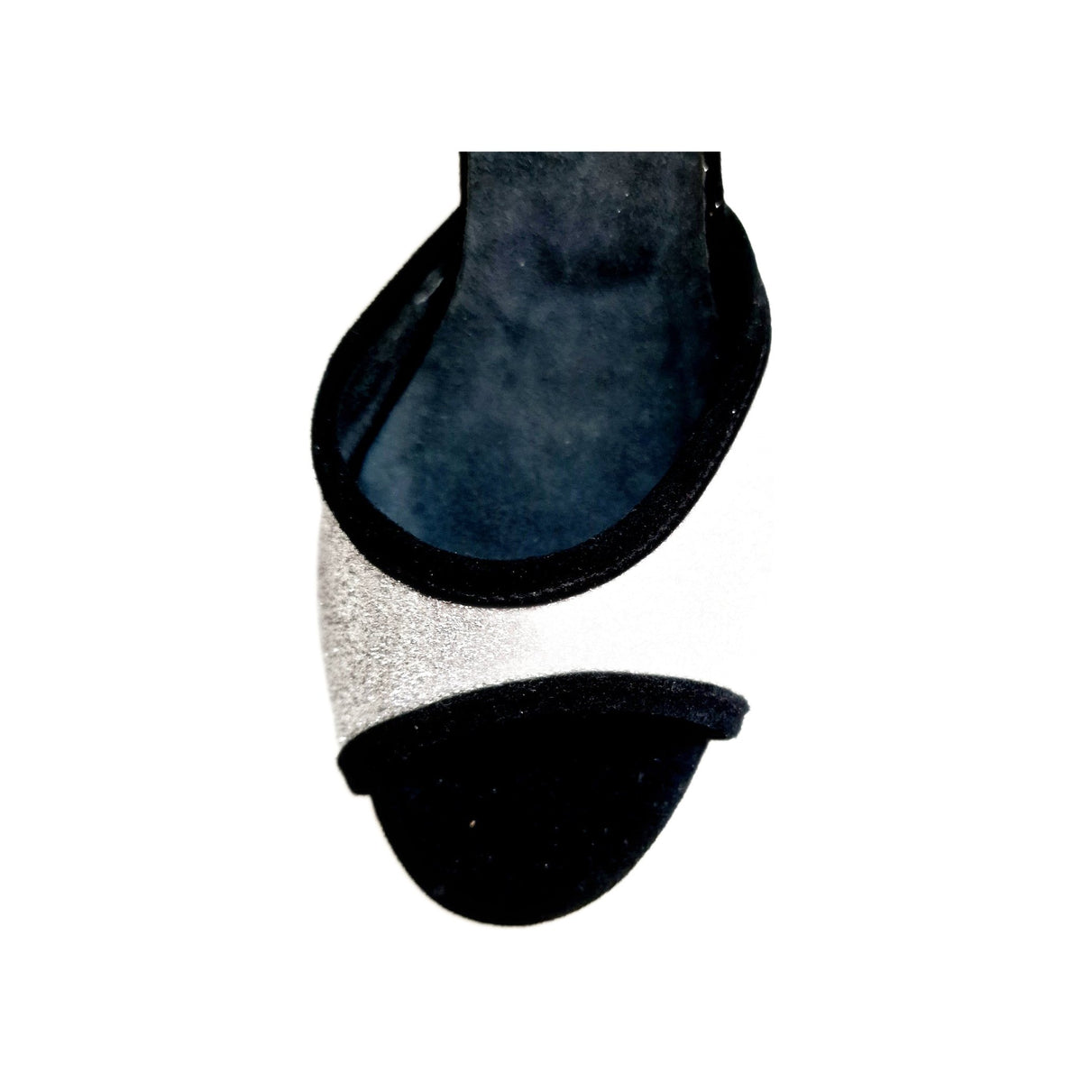 Sandali in camoscio nero e glitter argento Wish Dance con tacco basso a rocchetto smaltato nero, modello Wendy/Bo F.533.