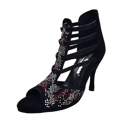 Sandalo donna Viper Red 460PW in camoscio nero, con borchiette rosse e bianche e tacco a spillo rivestito in camoscio nero.
