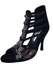 Carica immagine nella Galleria, Viper Red (460PW) - Sandalo da Donna in Camoscio Nero Livrea in Borchiette Rosse e Bianche e tacco a spillo Rivestito Camoscio Nero
