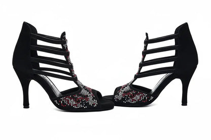 Sandalo donna Viper Red (460PW) in camoscio nero con borchiette rosse e bianche, tacco a spillo rivestito in camoscio nero.