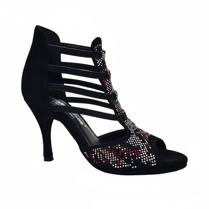 Sandalo da donna Viper Red (460PW) in camoscio nero con borchiette rosse e bianche, tacco a spillo rivestito in camoscio nero.