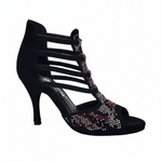 Load image into Gallery viewer, Viper Red (460PW) - Woman's Sandal in Black Suede Livery in Red and White Studs and Stiletto Heel Covered in Black Suede
