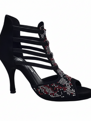 Load image into Gallery viewer, Viper Red (460PW) - Woman's Sandal in Black Suede Livery in Red and White Studs and Stiletto Heel Covered in Black Suede