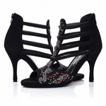 Load image into Gallery viewer, Viper Red (460PW) - Woman's Sandal in Black Suede Livery in Red and White Studs and Stiletto Heel Covered in Black Suede
