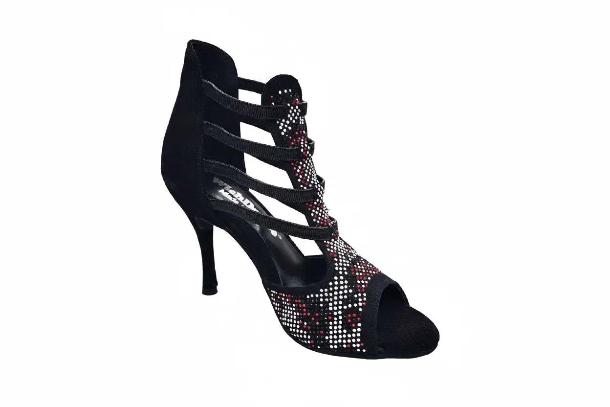 Sandalo donna Viper Red Wish Dance Shop in camoscio nero con borchiette rosse e bianche, tacco a spillo rivestito in camoscio nero