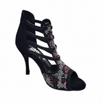 Load image into Gallery viewer, Viper Red (460PW) - Woman's Sandal in Black Suede Livery in Red and White Studs and Stiletto Heel Covered in Black Suede

