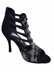 Load image into Gallery viewer, Viper Red (460PW) - Woman's Sandal in Black Suede Livery in Red and White Studs and Stiletto Heel Covered in Black Suede