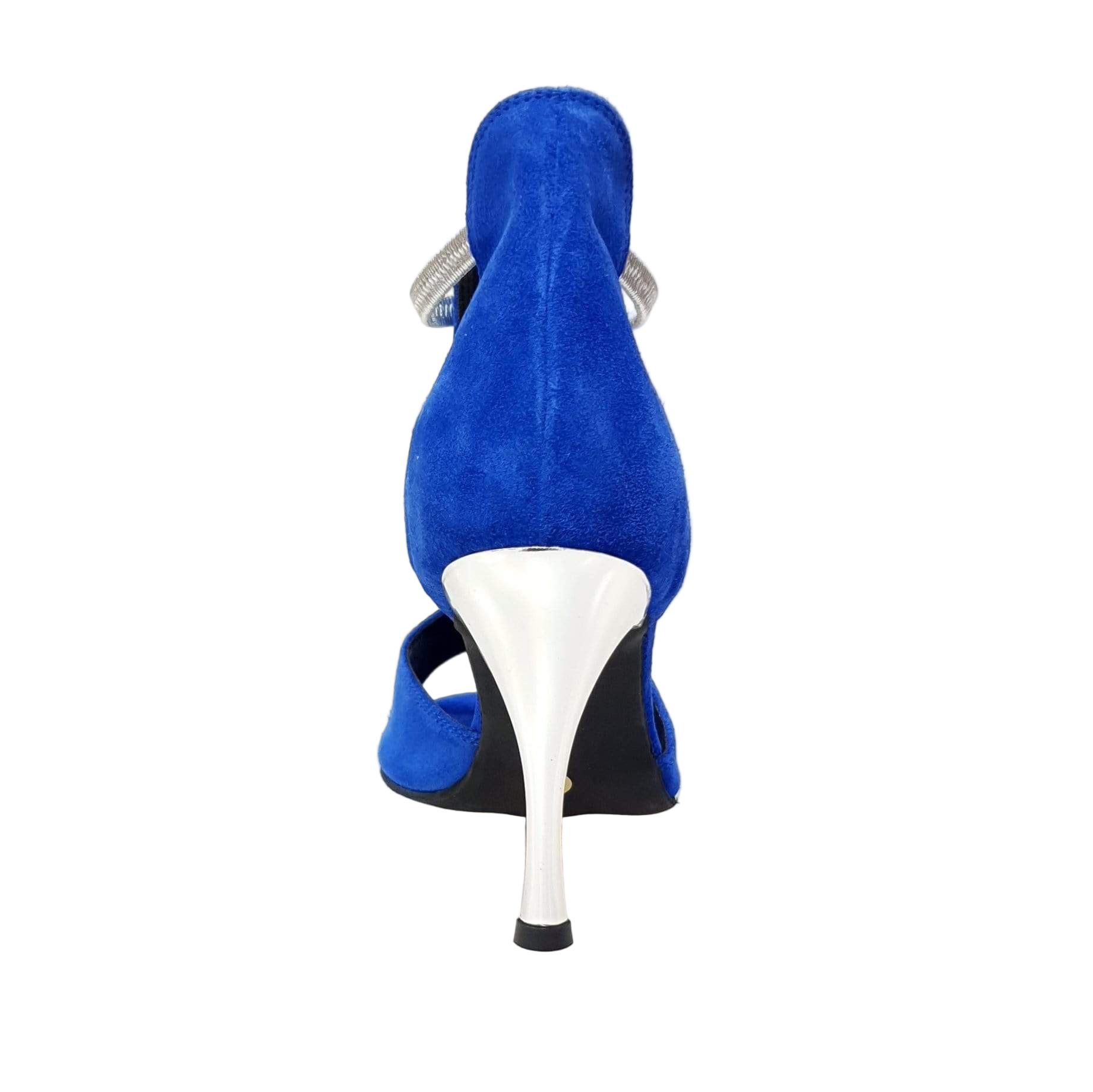 Sandalo Tatyana Wish Dance Shop in camoscio blu royal con elastici argentati e tacco a spillo laminato argento.