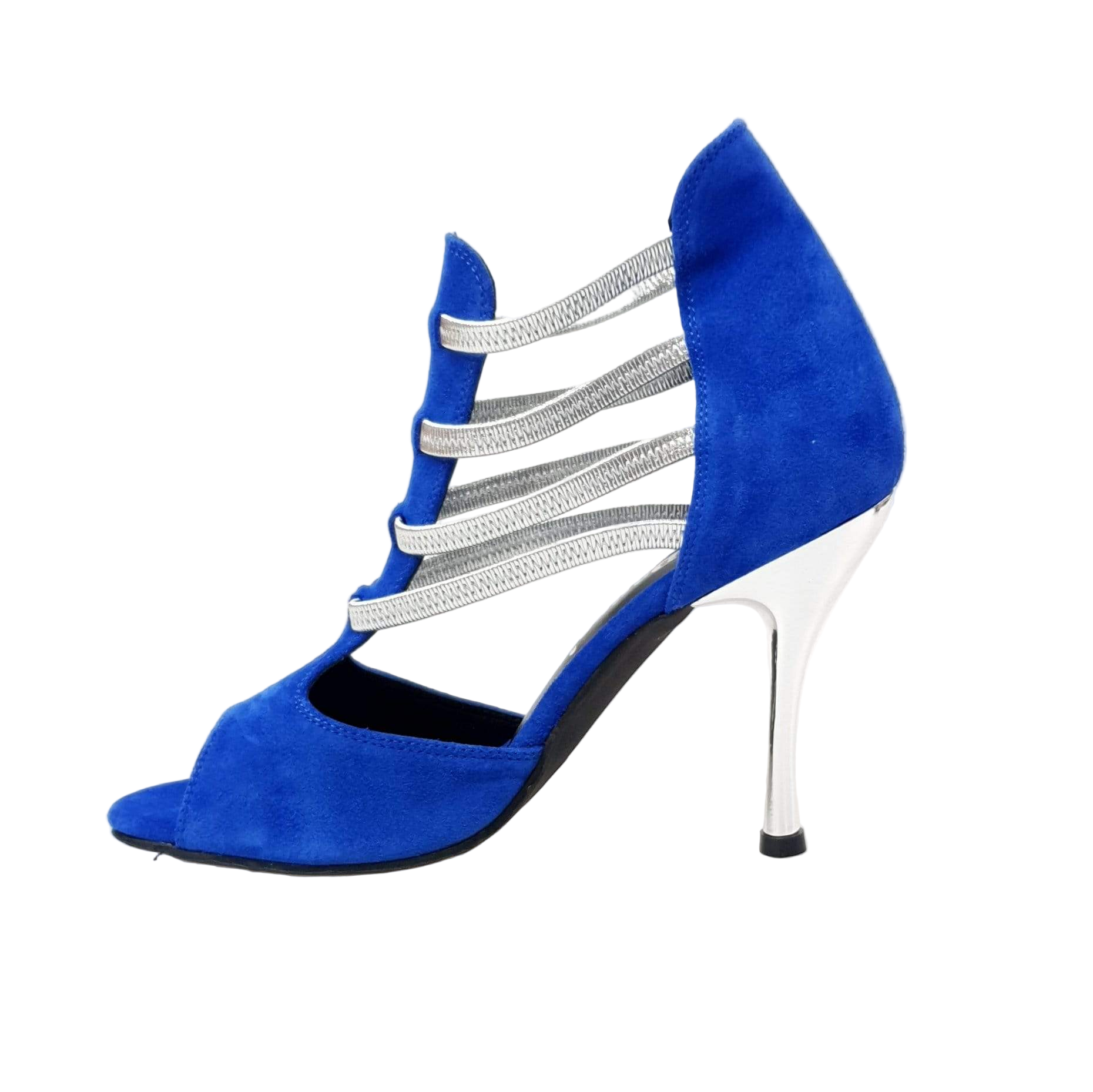 Sandalo Tatyana Wish Dance Shop in camoscio blu royal con elastici argento e tacco a spillo laminato argentato, donna.