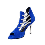 Load image into Gallery viewer, Tatyana (460PW) - Woman&#39;s Sandal in Royal Blue Suede with Silver Elastics and Silver Laminated Stiletto Heel
