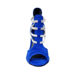 Load image into Gallery viewer, Tatyana (460PW) - Woman&#39;s Sandal in Royal Blue Suede with Silver Elastics and Silver Laminated Stiletto Heel
