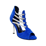 Load image into Gallery viewer, Tatyana (460PW) - Woman&#39;s Sandal in Royal Blue Suede with Silver Elastics and Silver Laminated Stiletto Heel

