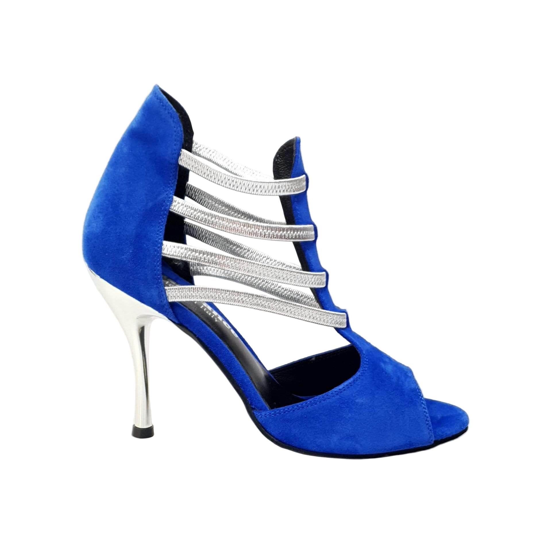 Sandali Tatyana Wish Dance Shop in camoscio blu royal con elastici argentati e tacco a spillo laminato argentato.