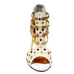 Load image into Gallery viewer, Swann Elizabeth (460PW) - Women&#39;s Sandal in Ice Suede with Gold Studs and Black Swarovski Enclosed Gold Elastics and Gold Laminated Stiletto Heel
