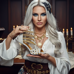 Carica immagine nella Galleria, Swann Elizabeth Pirata (460PW) - Sandalo da Donna in Camoscio Ghiaccio con Borchie Oro e Swarovski Neri Incastonati elastici Oro e tacco a spillo laminato Oro
