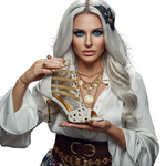 Carica immagine nella Galleria, Swann Elizabeth Pirata (460PW) - Sandalo da Donna in Camoscio Ghiaccio con Borchie Oro e Swarovski Neri Incastonati elastici Oro e tacco a spillo laminato Oro
